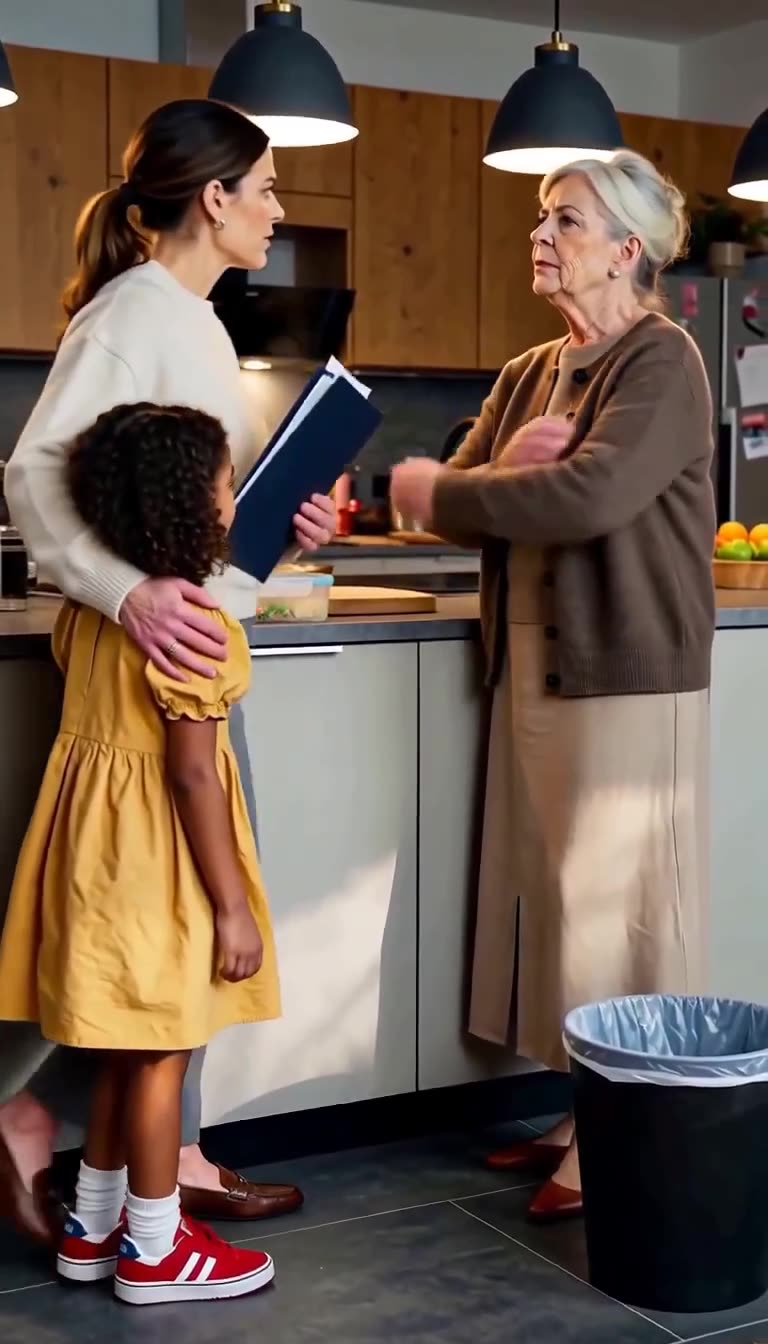 Die Mutter stellt sich mit einer Mappe schützend vor ihre kleine Tochter.