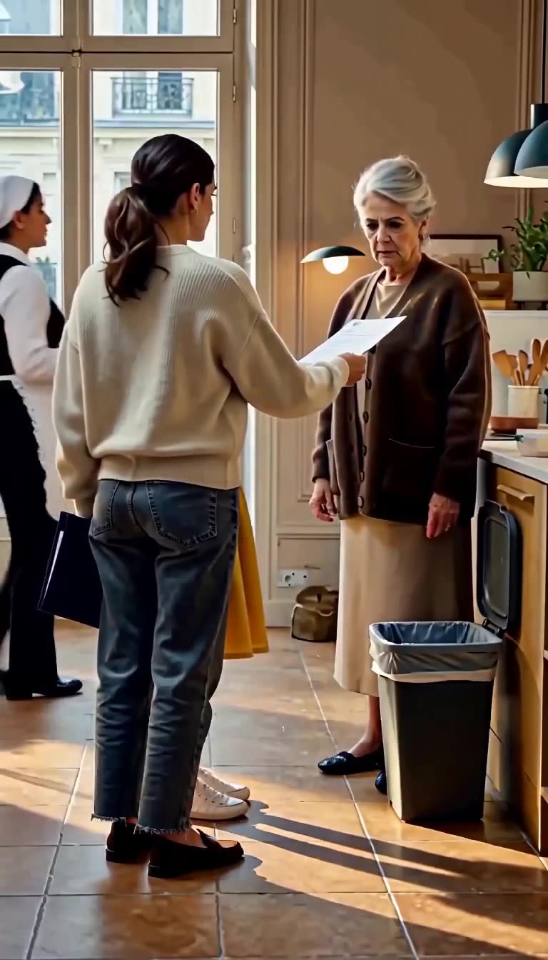 A mother hands a formal eviction notice to an elderly grandmother beside an open kitchen trash can.