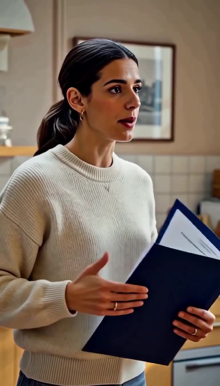 A mother sternly speaks out while clutching the blue dossier, confronting family misconduct.