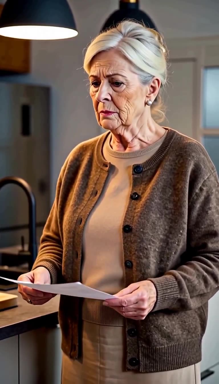 Die sichtlich schockierte Renate hält das offizielle Dokument mit zitternden Händen vor sich.