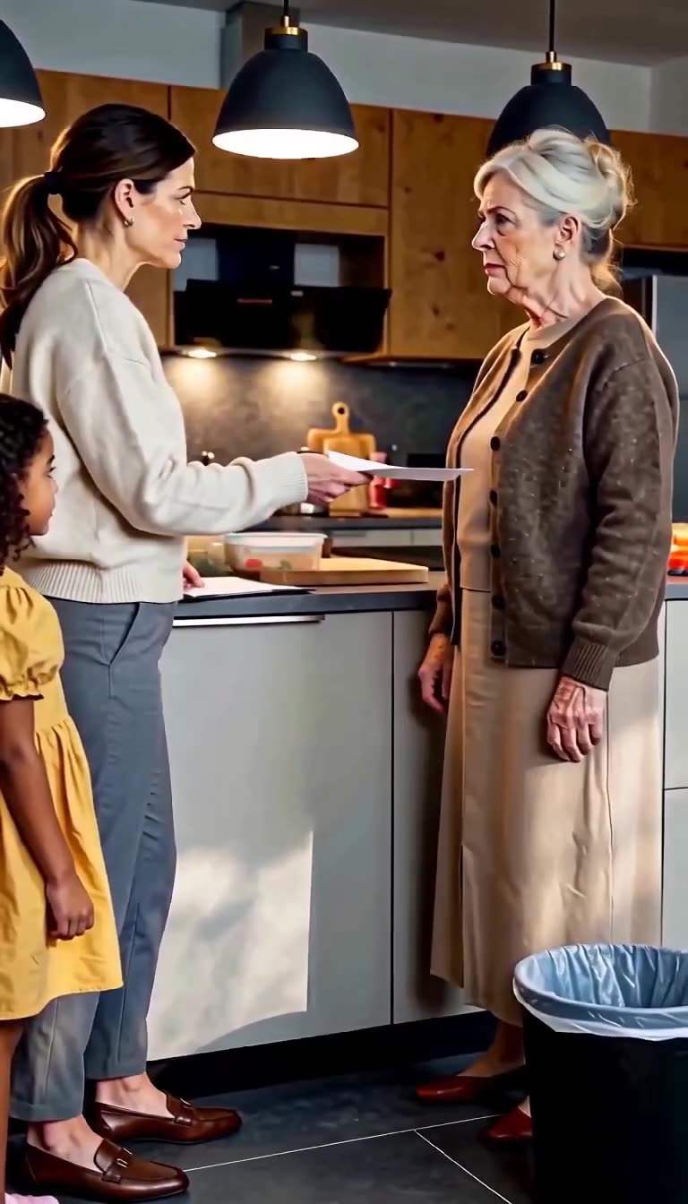 Konfrontation in der Küche: Die Mutter übergibt der älteren Frau ein Dokument vor dem Mülleimer.