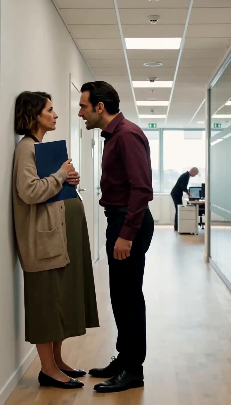 Julien corners Camille against the office wall in an intense display of intimidation