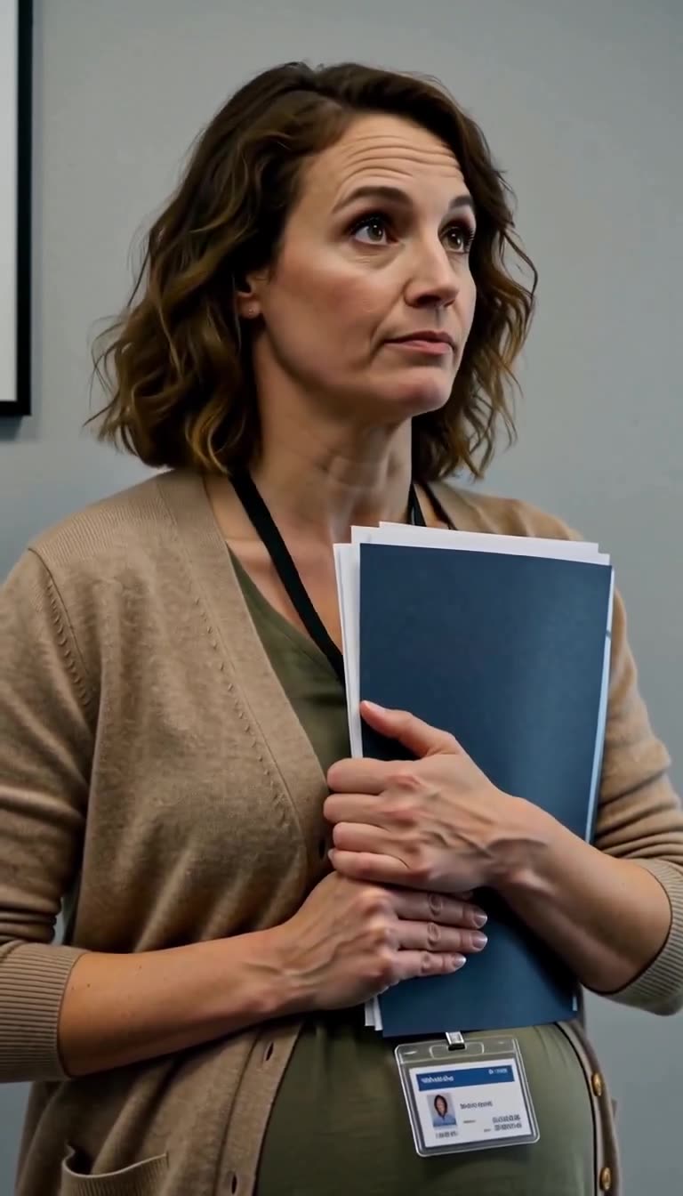 Hannah blickt entschlossen auf und hält das Prüfdossier fest vor ihre Brust