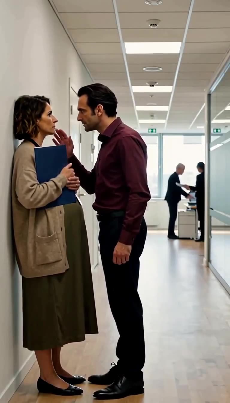 An aggressive male coworker leans in close to intimidate the pregnant woman in the hallway