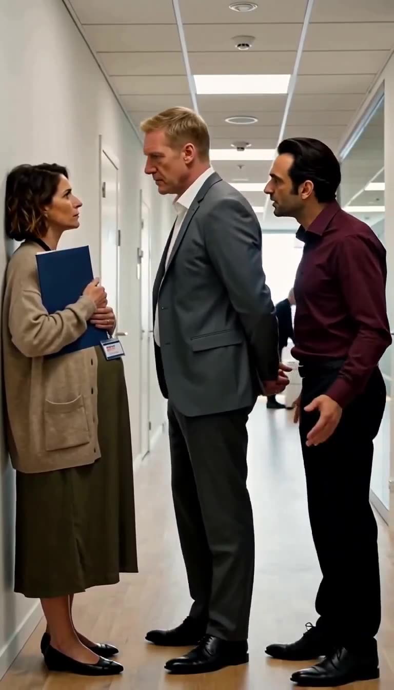 A senior male executive in a grey suit steps between the confronting colleagues to protect the woman