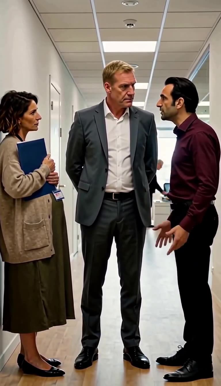 Julien defensively raising his hands and arguing while Alexandre and Camille listen in the bright office hallway.