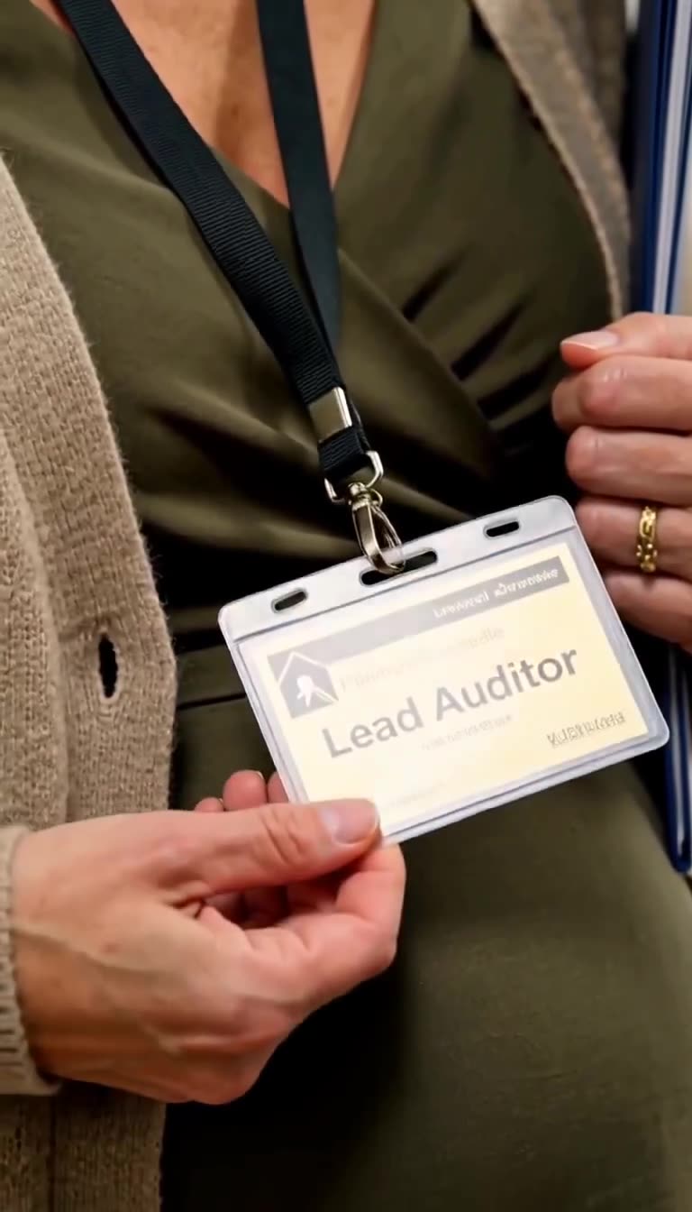 Close-up of Camille displaying her official corporate Lead Auditor identification badge.
