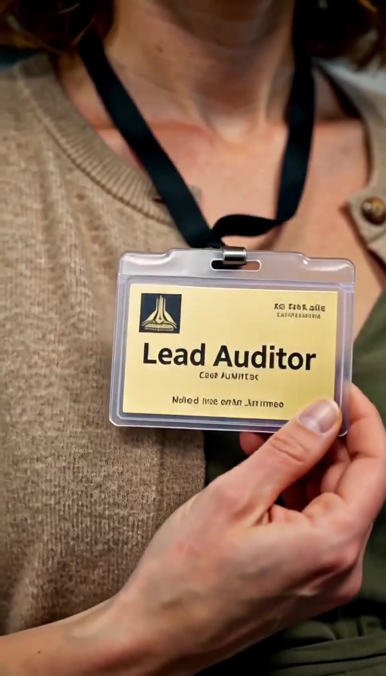 Hannah enthüllt ihren goldenen Dienstausweis mit der Aufschrift Lead Auditor.