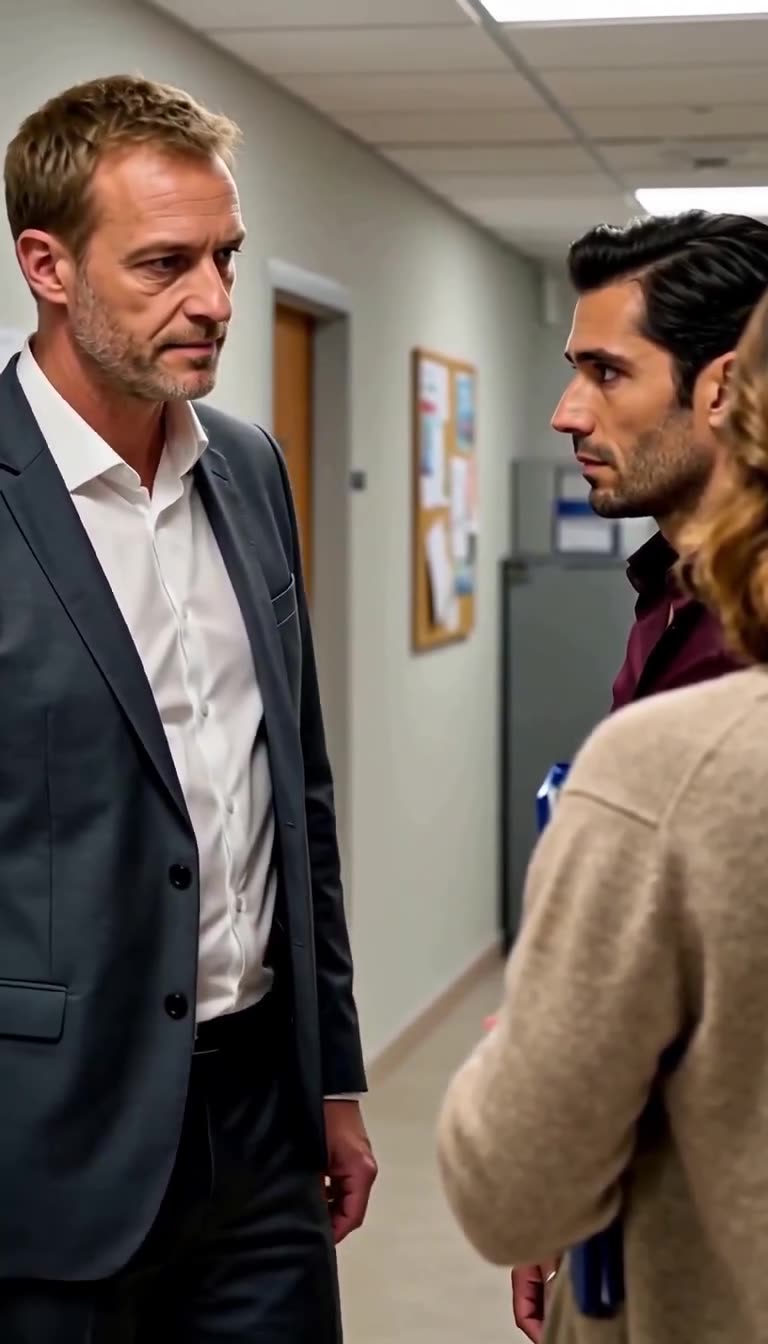 Alexandre confronts Julien directly with a stern expression during an office altercation