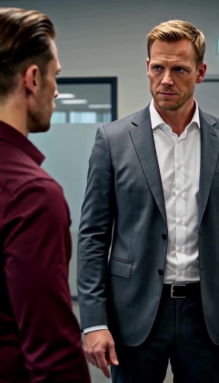 Stefan im Maßanzug schaut Markus mit ernstem, unerbittlichem Blick an