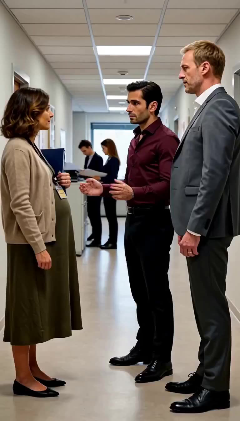 A pregnant employee stands her ground while an agitated colleague gestures defensively in the hallway