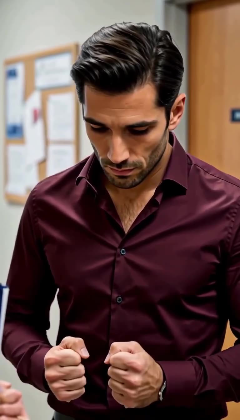 A defeated corporate manager looking down with clenched fists after facing immediate disciplinary intervention