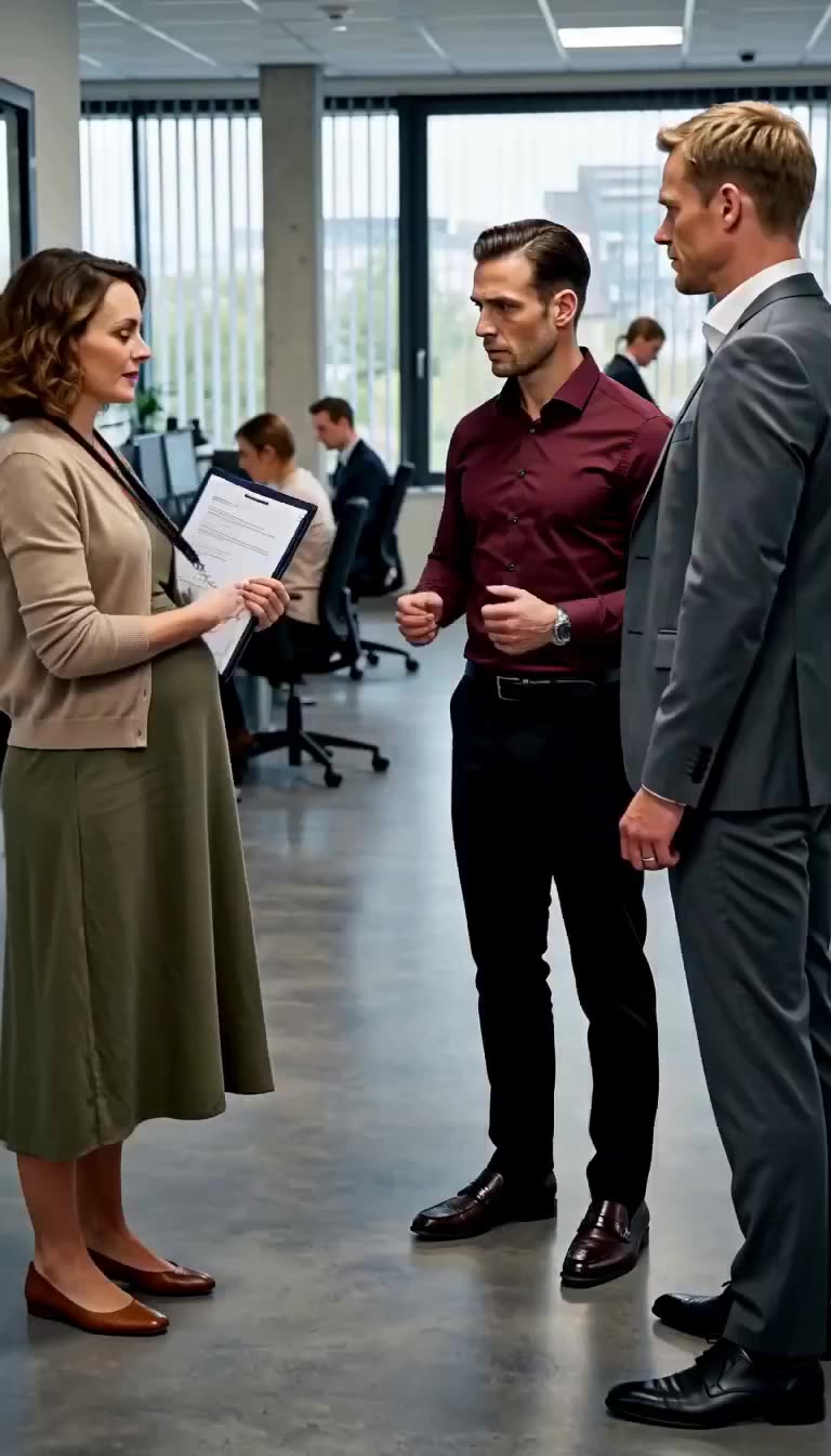 Lukas stellt sich im Großraumbüro schützend zwischen Marco und die schwangere Kollegin.