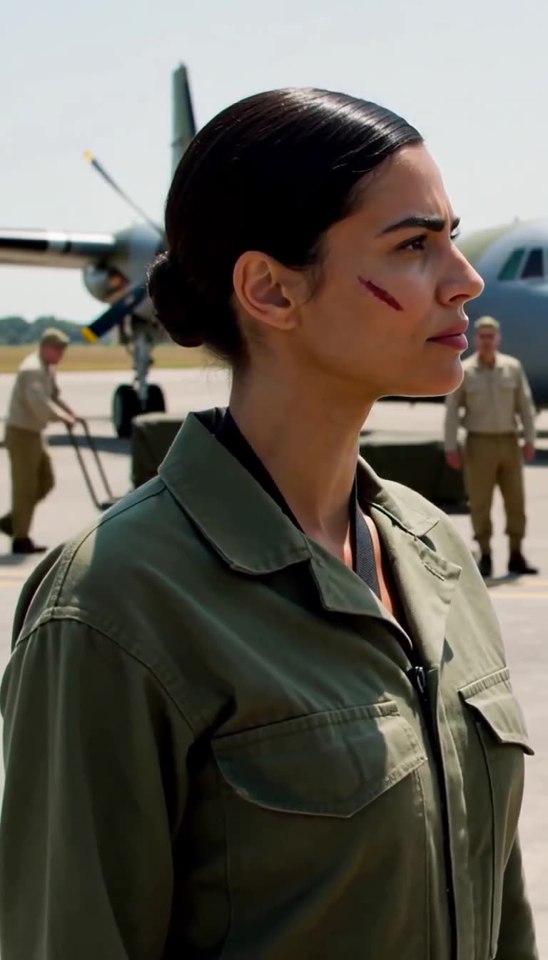 Captain Camille Renard stands stoic in her olive flight suit with a cheek scar visible under the harsh sun