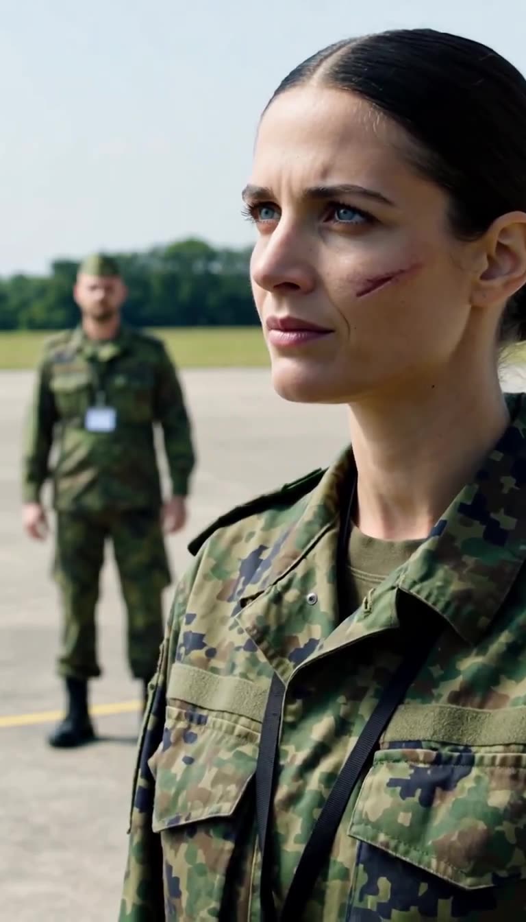 Nahaufnahme von Laura Brandt mit ernstem Blick und Wangennarbe im harten Sonnenlicht.