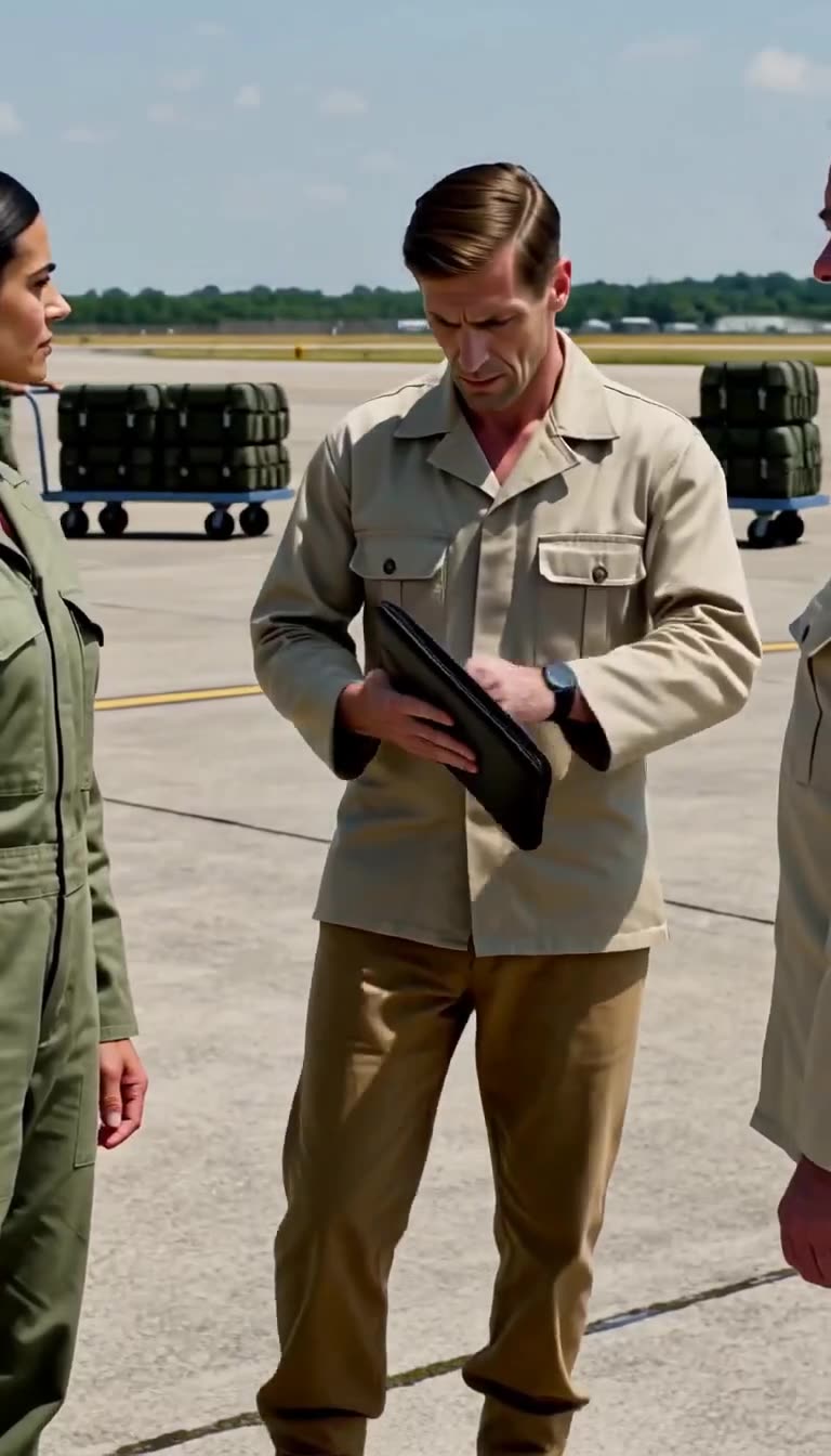 A nervous junior technician opens a black leather document folder on the airstrip tarmac.