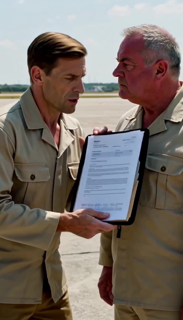 An assistant presents a top-priority flight clearance order to a stunned senior officer.