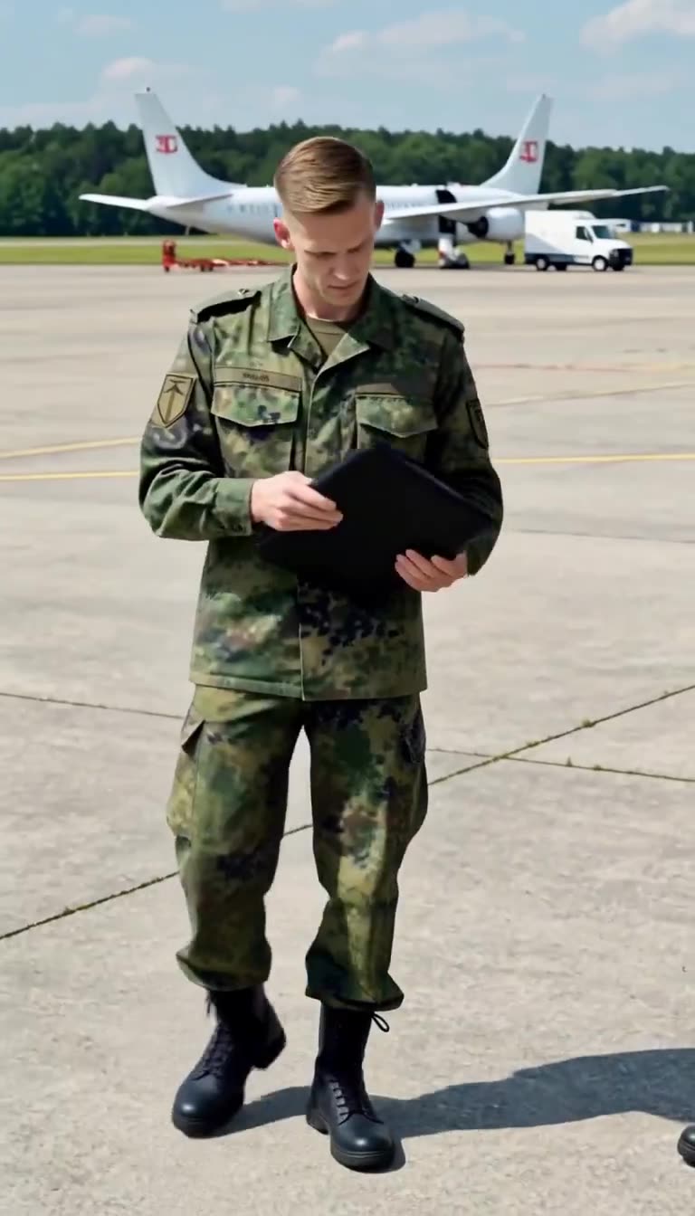 Der junge Soldat Jonas öffnet auf dem Flugfeld vorsichtig eine schwarze Ledermappe.