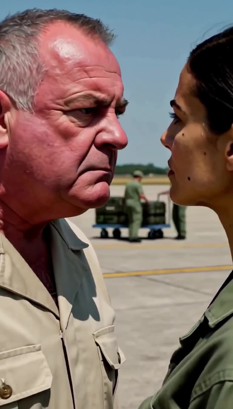 An arrogant senior commander leaning into Captain Delphine's face during an intense standoff