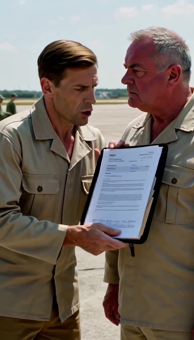 A junior officer presenting an urgent official clipboard to the stunned base commander
