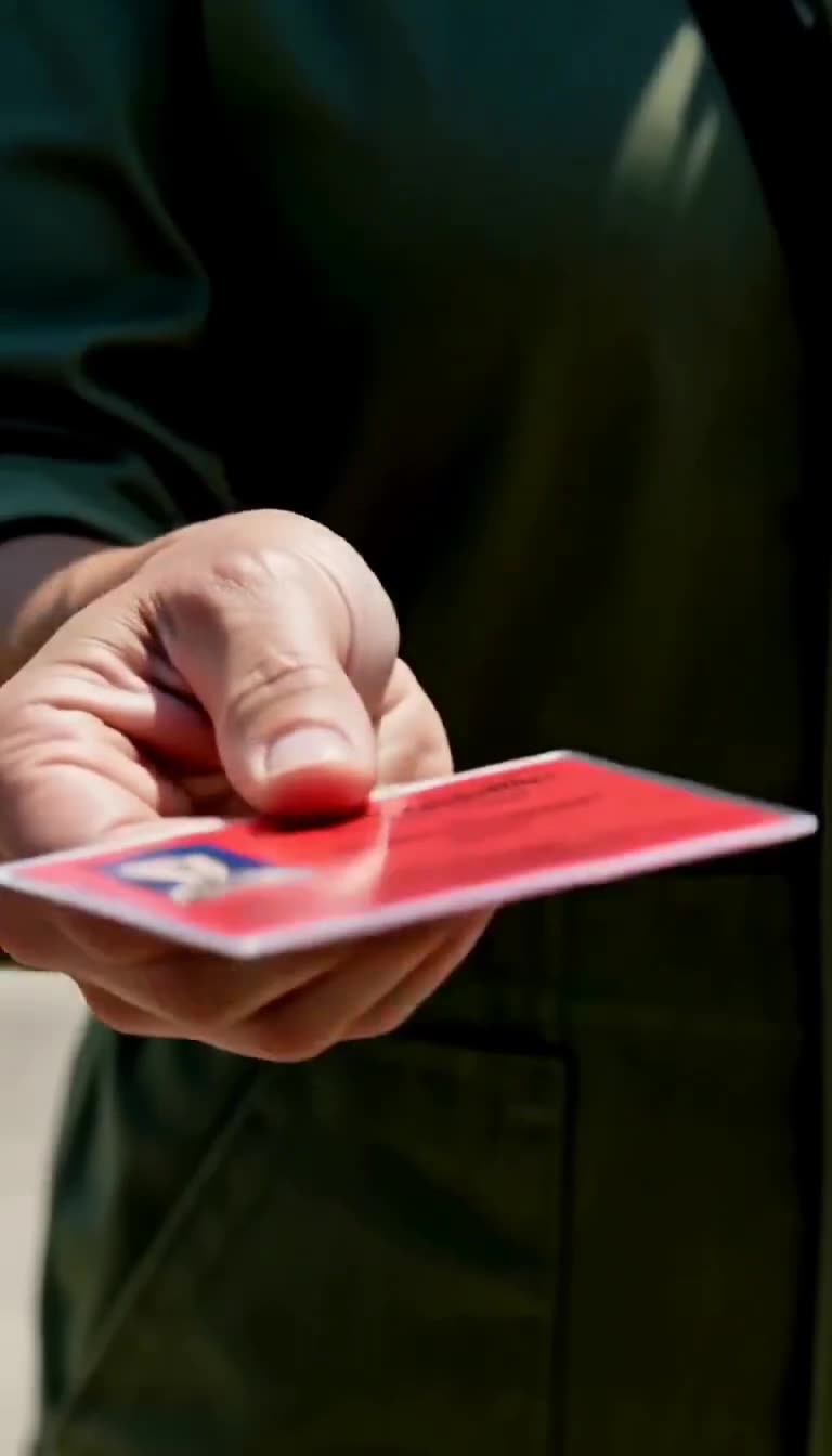 Close-up of Camille holding forward a laminated red authorization badge under the sunlight