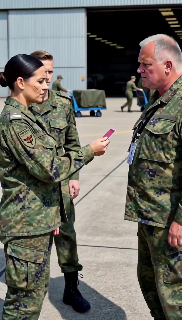 Mit ausgestrecktem Ausweis konfrontiert die Inspektorin den sprachlosen Kommandanten vor dem Hangar.