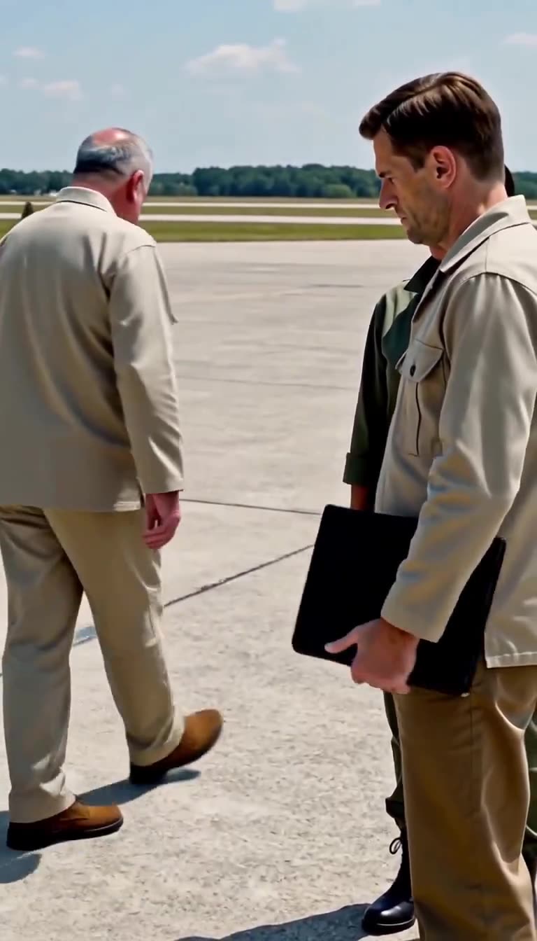 A defeated base officer turns his back and walks away across the hot tarmac while his assistant holds a closed folder