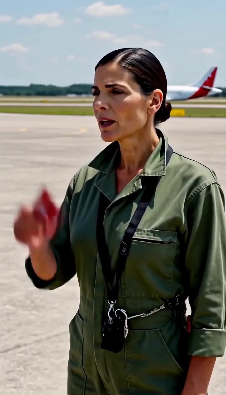 Captain Camille speaks firmly in an olive flight suit on the open runway after taking command