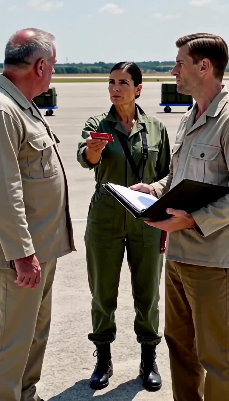 Céleste presents a red high-level clearance card to the stunned base commander on the tarmac.