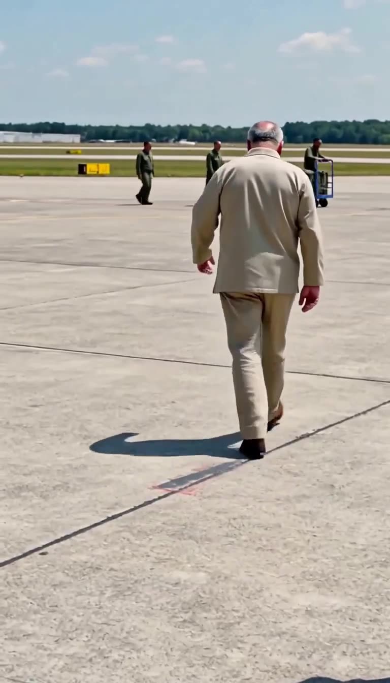 The humiliated commander walks away across the vast military airfield under the watchful eye of security.