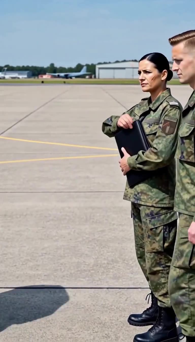 Laura und ihr Adjutant Jonas stehen mit verschlossener Dokumentenmappe auf der leeren Startbahn.
