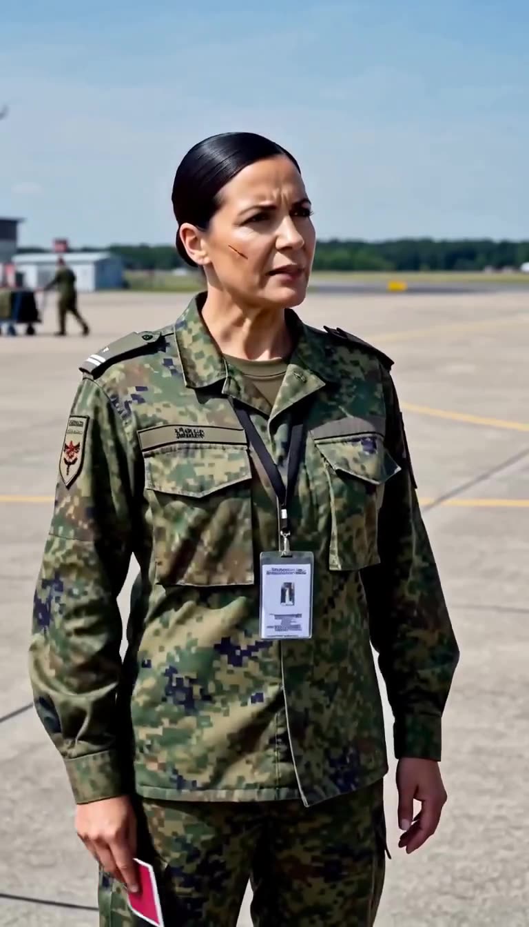 Hauptmann Laura blickt mit ernster Entschlossenheit über das Rollfeld und erteilt ihre finalen Befehle.