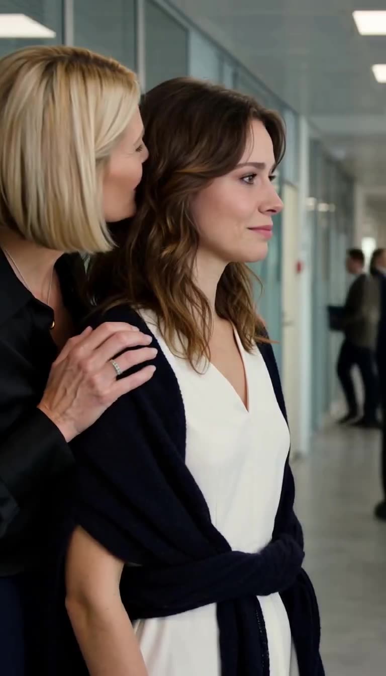 Claire placing a comforting hand on Manon's shoulder while whispering calm reassurance.