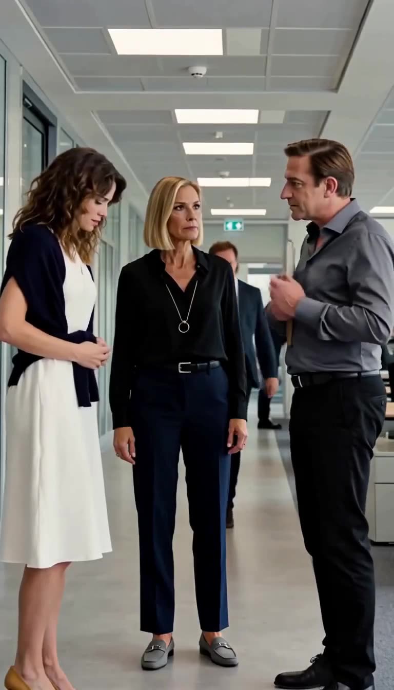 The blonde executive stands firm and confronts the male manager while the junior employee looks on.