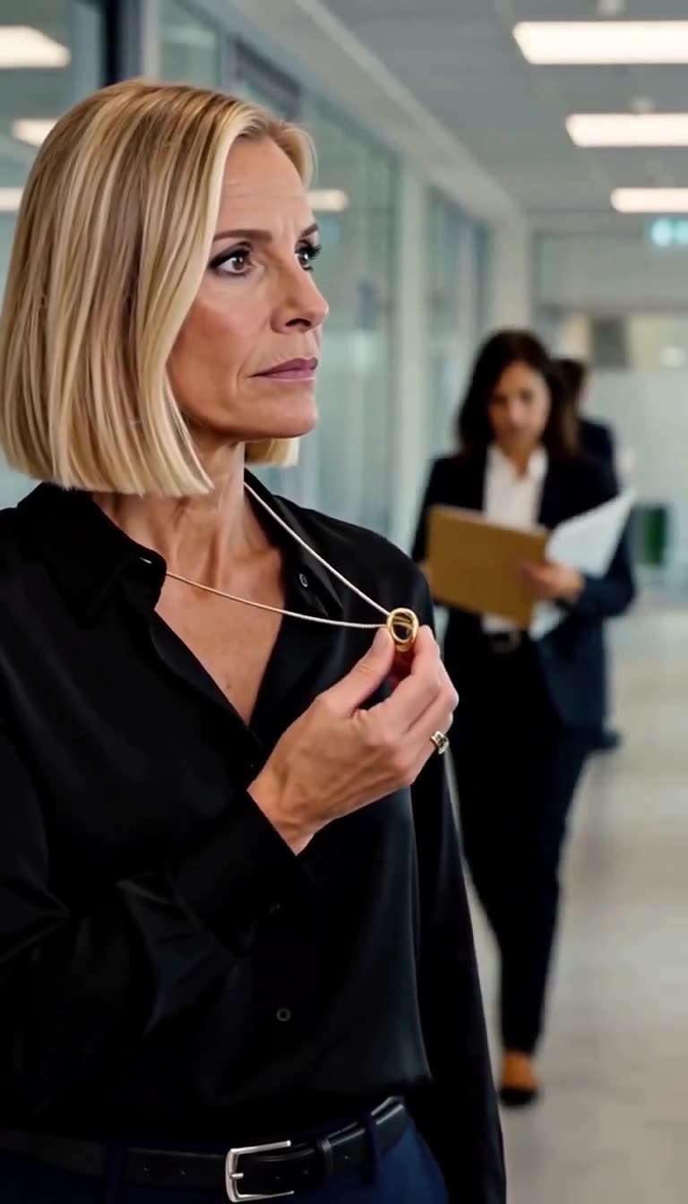 Claire pulls a gold signet ring on a silver chain from beneath her shirt collar.