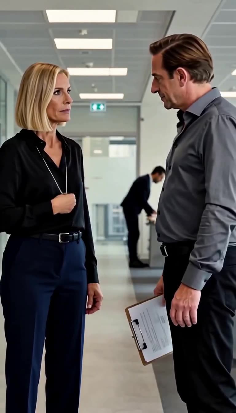 Julien drops his clipboard to his side in stunned disbelief as Claire confronts him with the founder's seal.