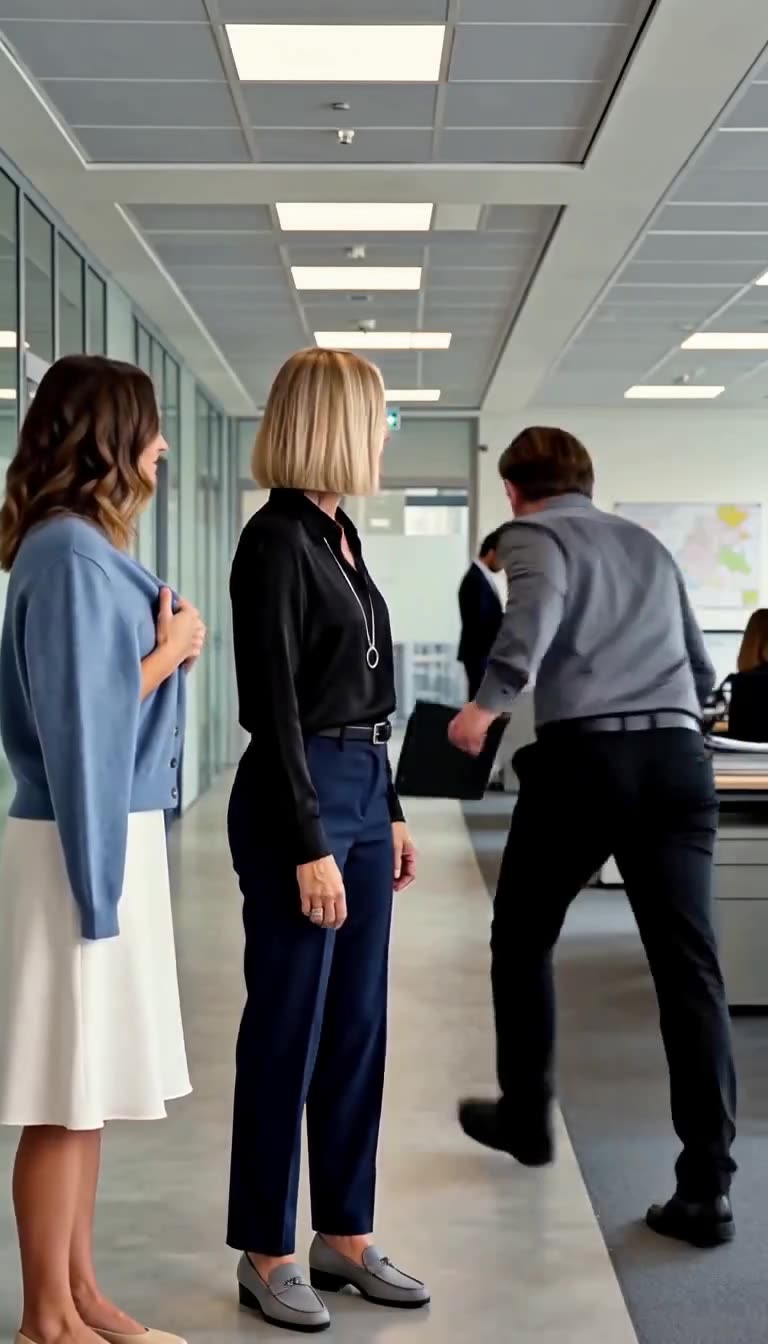 Julien flees down the corridor after being dismissed by CEO Claire