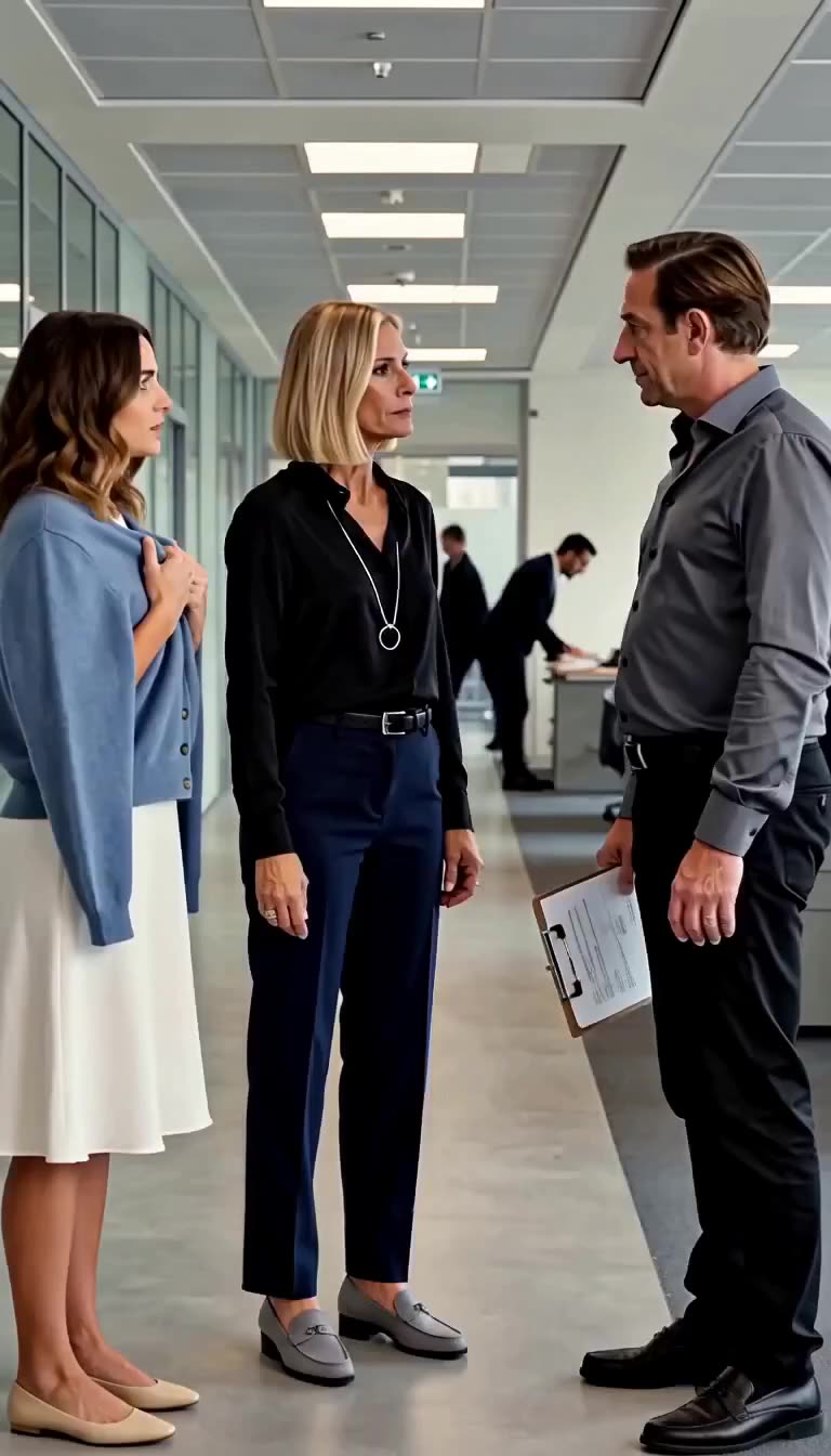 Executive stepping between the distressed intern and a male manager holding a clipboard