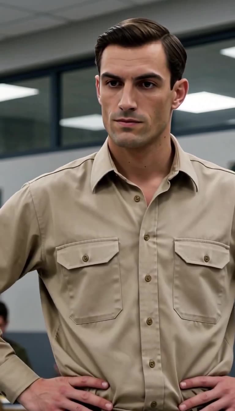 Close-up of Alexandre with slicked hair and hands on his hips glaring down with a haughty expression.