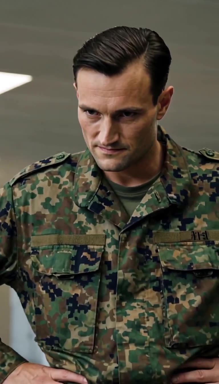 Nahaufnahme des jungen Soldaten mit spöttischem und hochmütigem Gesichtsausdruck