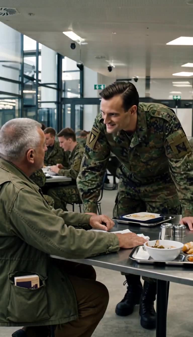 Der Soldat beugt sich über den Tisch herab, während der ältere Mann unerschütterlich bleibt