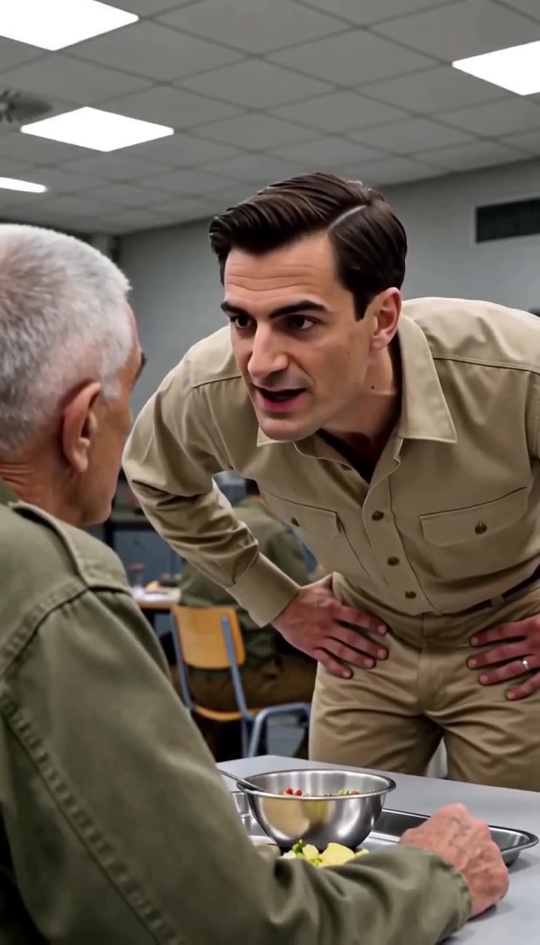 Captain Alexandre aggressively leaning over the table to confront the elderly veteran
