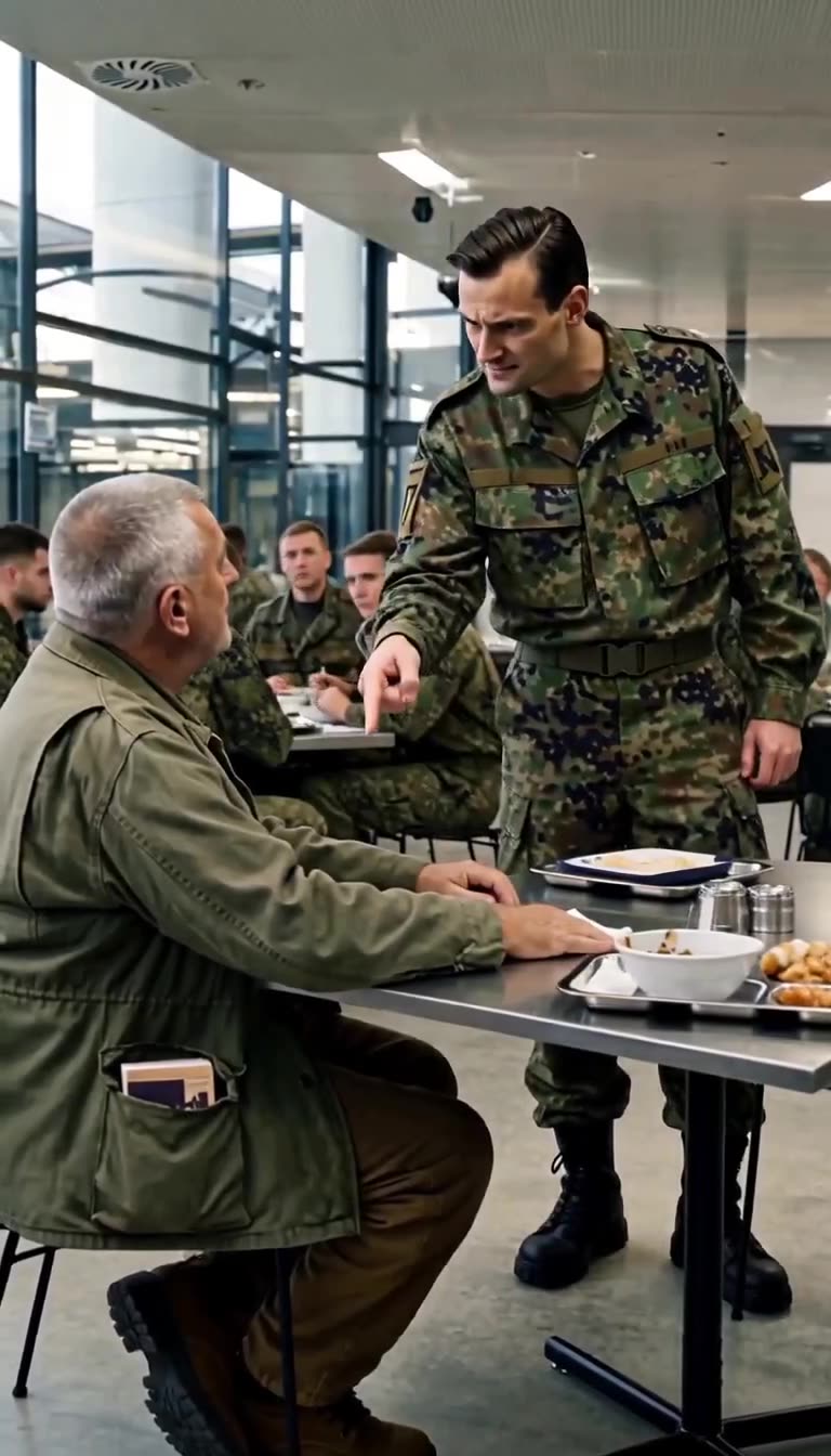 Florian deutet mit schneidender Geste auf Klaus, während die Soldaten im Speisesaal herüberblicken.