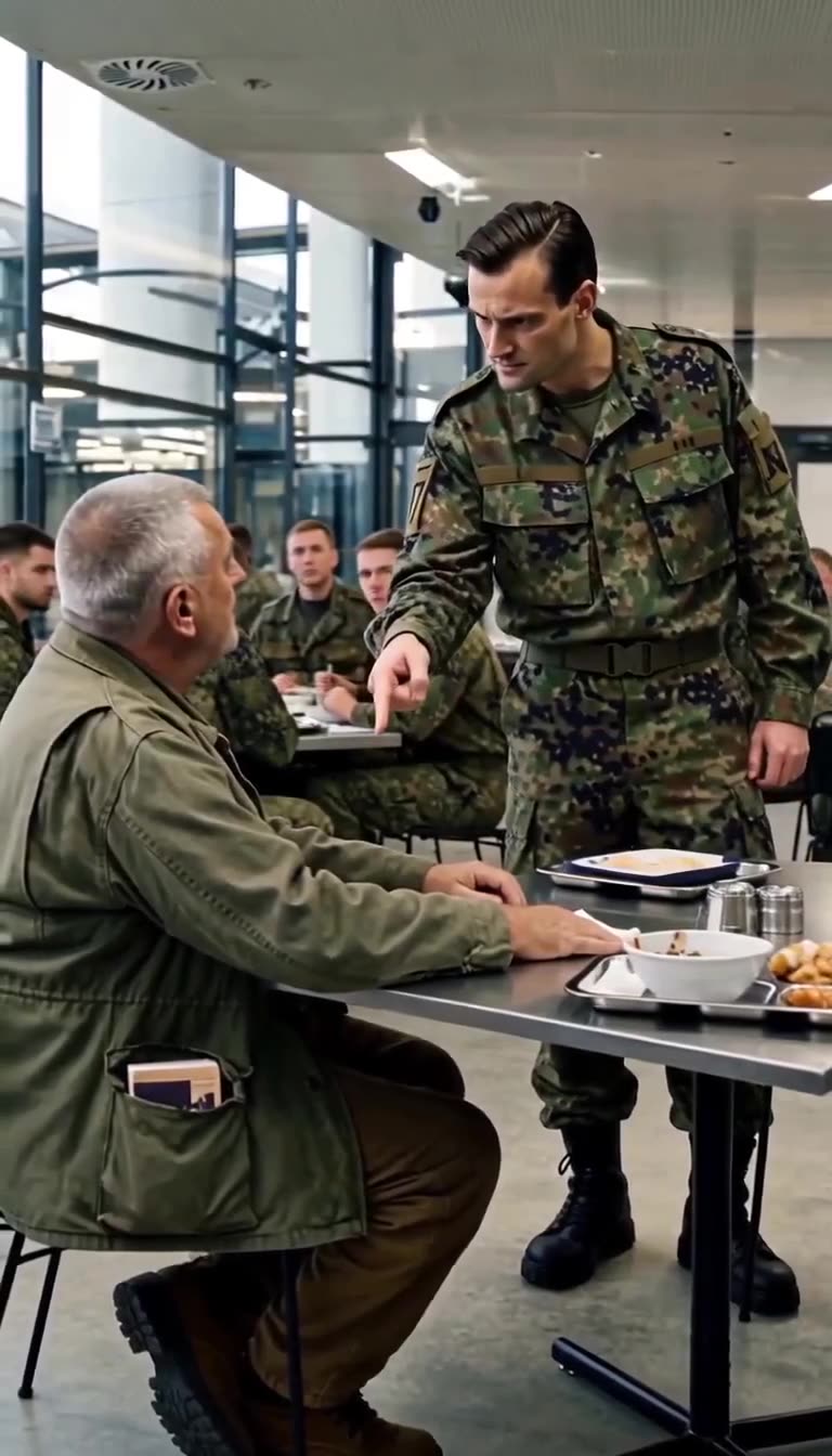 Der Offizier zeigt mit aggressivem Zeigefinger auf den sitzenden Veteranen