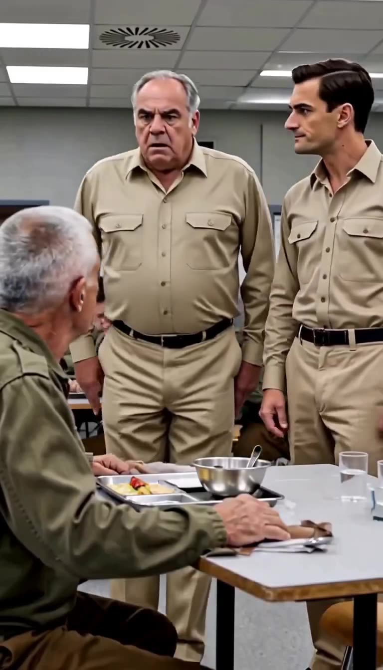 Gérard stands at rigid attention before Michel while Alexandre looks on in stunned realization.