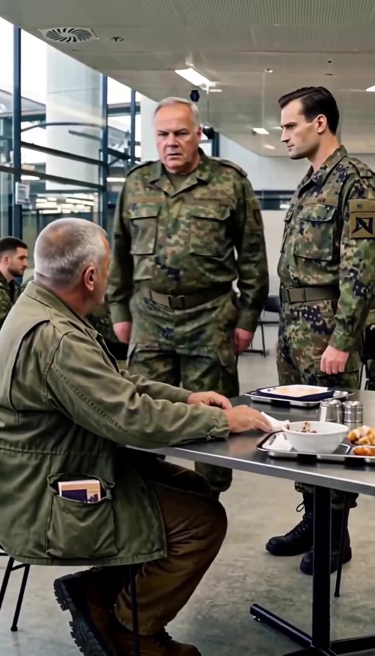 Kommandeur Stefan nimmt Haltung vor Klaus an, während Florian geschockt danebensteht