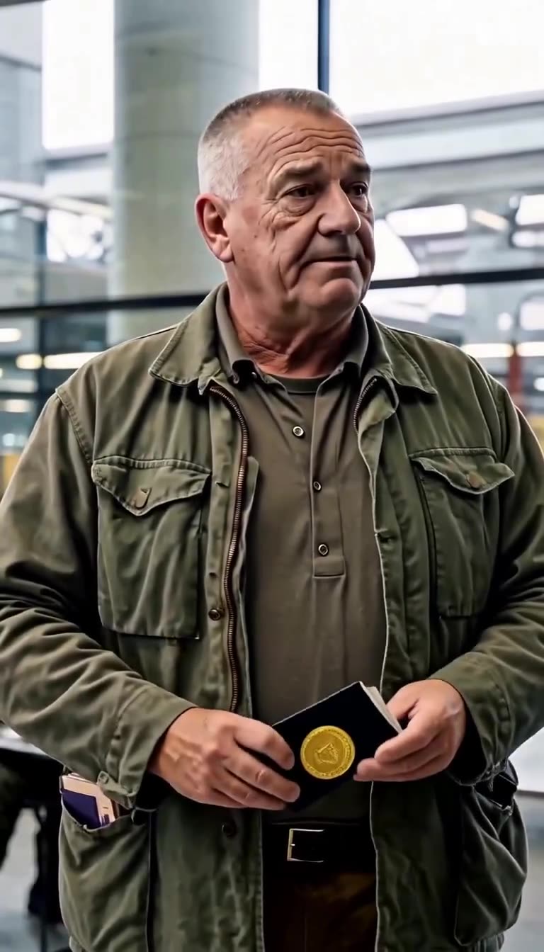 Klaus erhebt sich und hält ein schwarzes Dokument mit goldenem Siegel fest in den Händen.