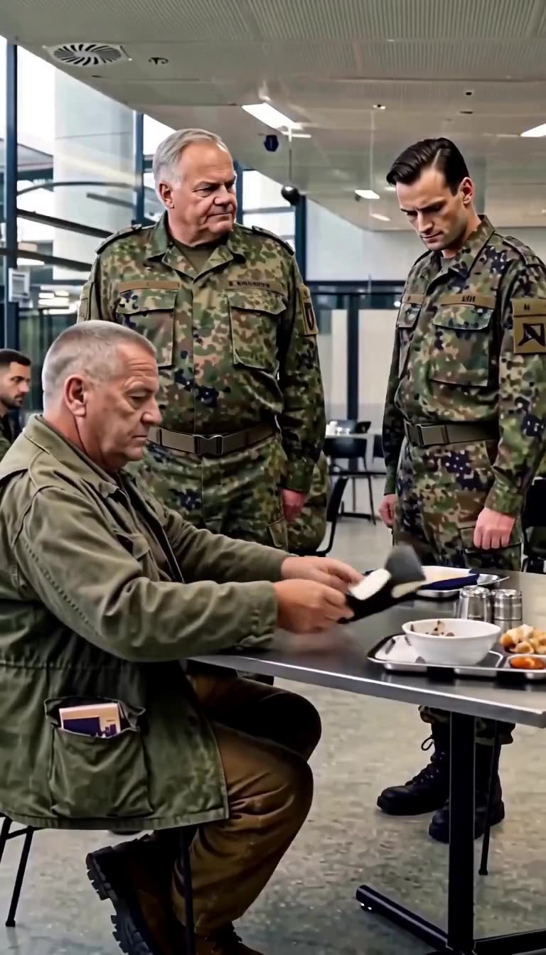 Klaus legt das Dokument auf das Tablett, während Florian gedemütigt den Kopf senkt.