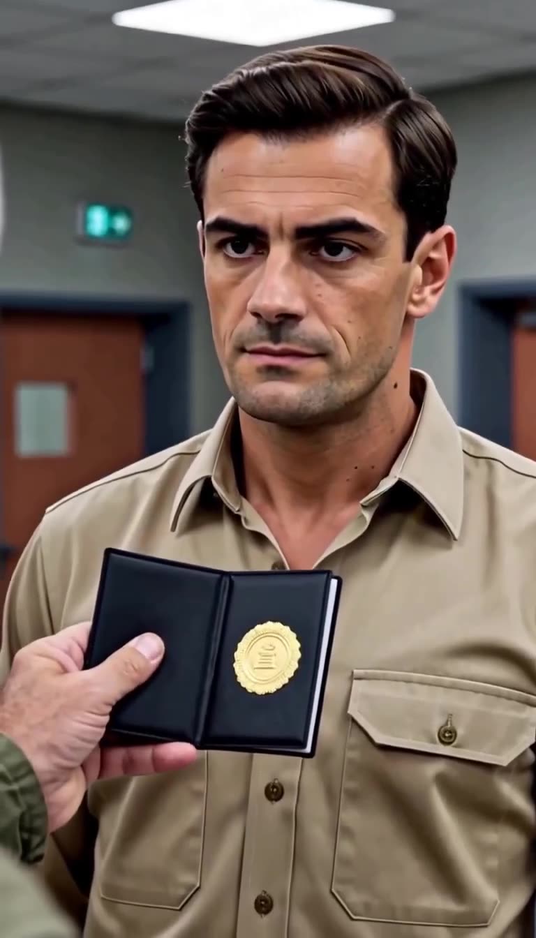 A black credential case displaying a gold high-command seal is held up to the stunned young officer