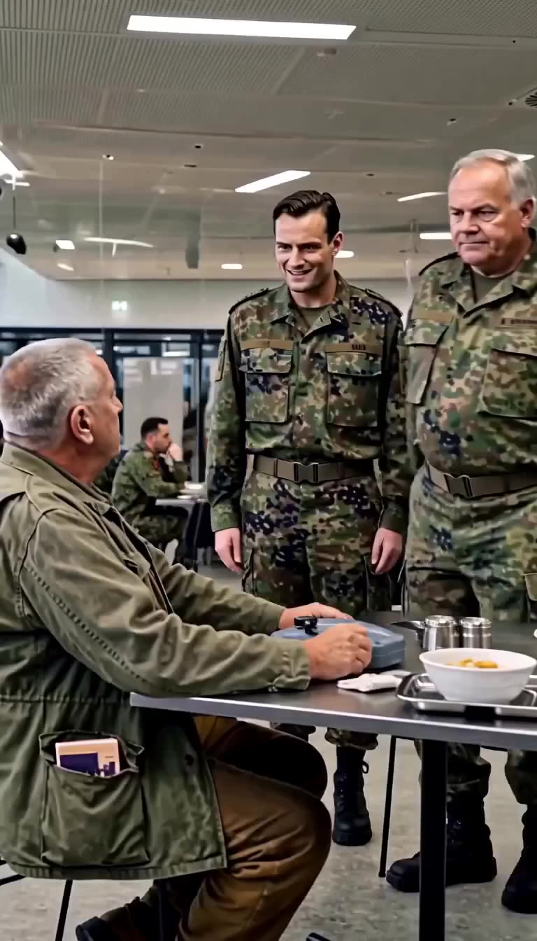Ein junger Offizier verhöhnt siegessicher einen älteren Mann, der ruhig an einem Tisch im Speisesaal sitzt.
